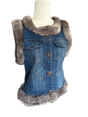 BEREK by Takako Sakon Vintage Denim Embellished Vest with fur vintage small